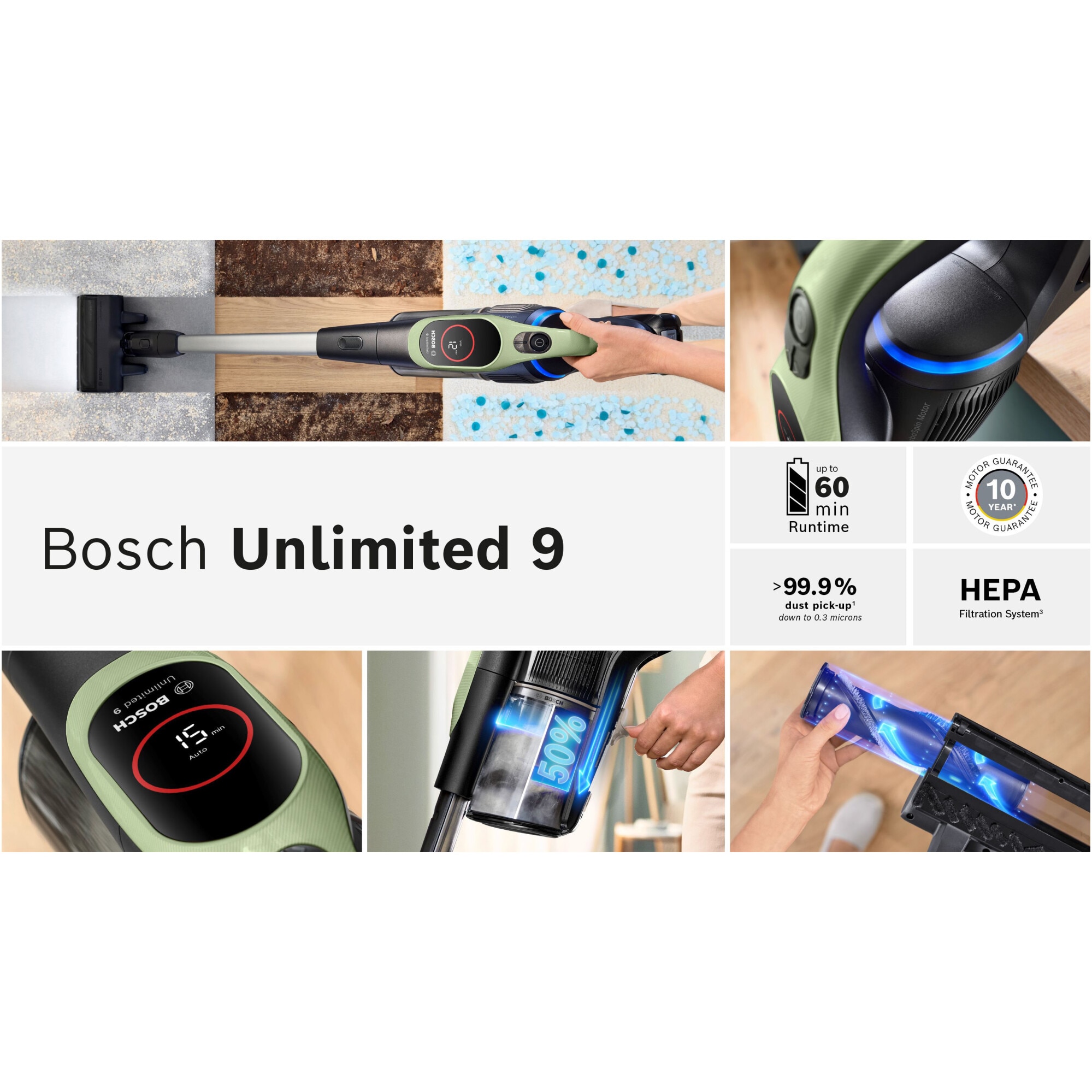 Aspirator cu acumulatori Bosch Unlimited 9 BBS921TBA, baterie 3 Ah, 3 moduri de curatare, Perie MicroClean cu sistem anti incurcare par, duza spatii inguste, Senzor MicroClean, Autonomie pana la 60 min. Verde