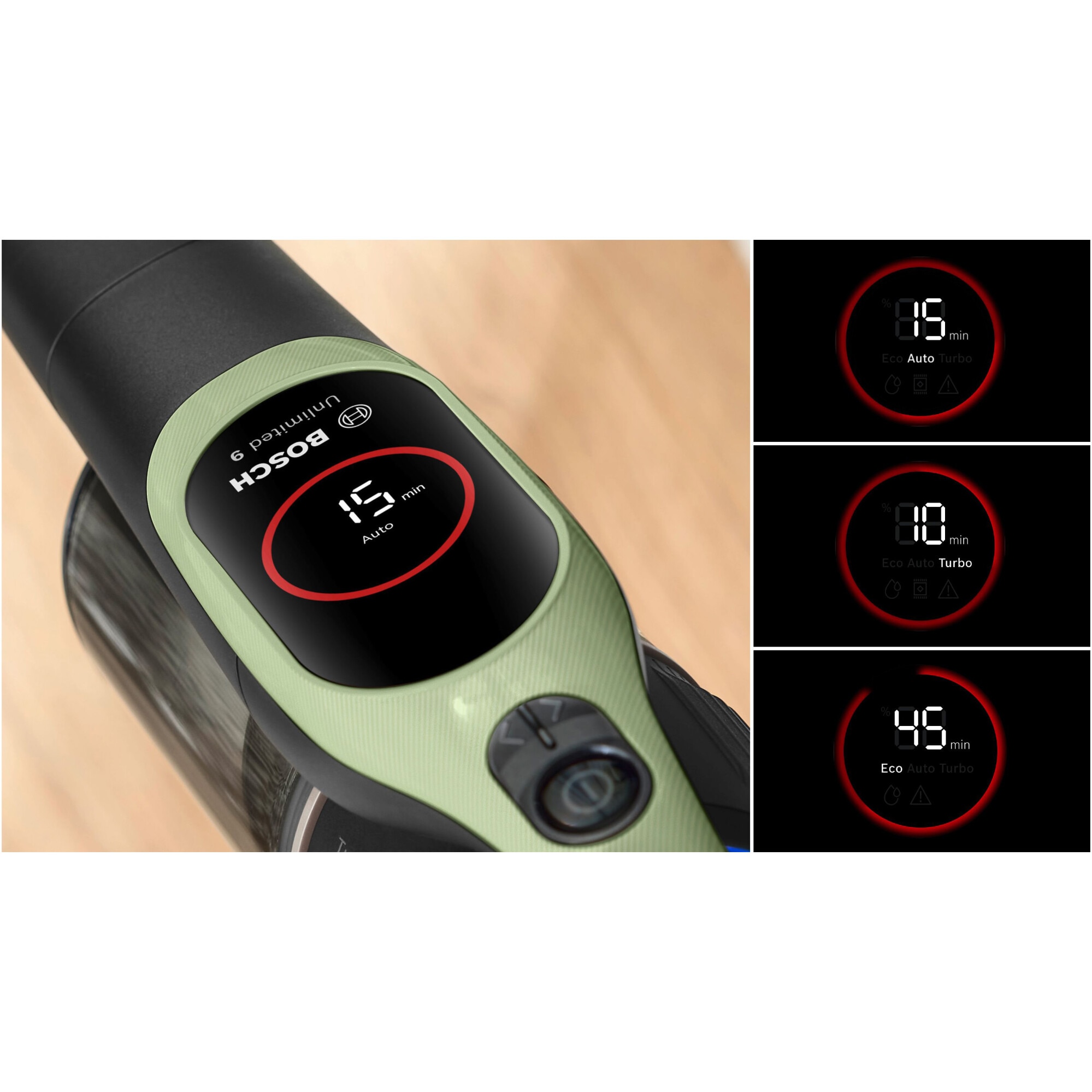 Aspirator cu acumulatori Bosch Unlimited 9 BBS921TBA, baterie 3 Ah, 3 moduri de curatare, Perie MicroClean cu sistem anti incurcare par, duza spatii inguste, Senzor MicroClean, Autonomie pana la 60 min. Verde