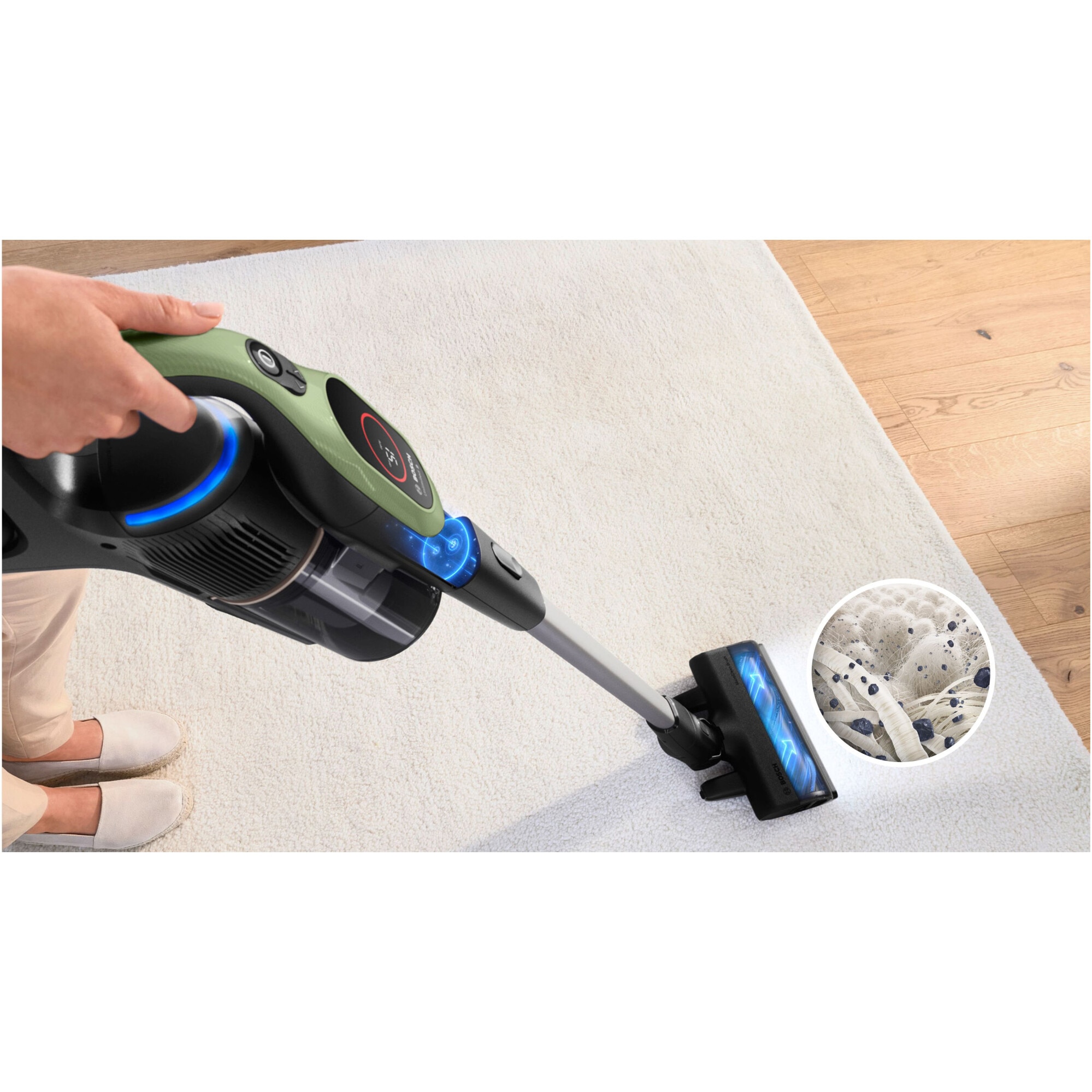 Aspirator cu acumulatori Bosch Unlimited 9 BBS921TBA, baterie 3 Ah, 3 moduri de curatare, Perie MicroClean cu sistem anti incurcare par, duza spatii inguste, Senzor MicroClean, Autonomie pana la 60 min. Verde