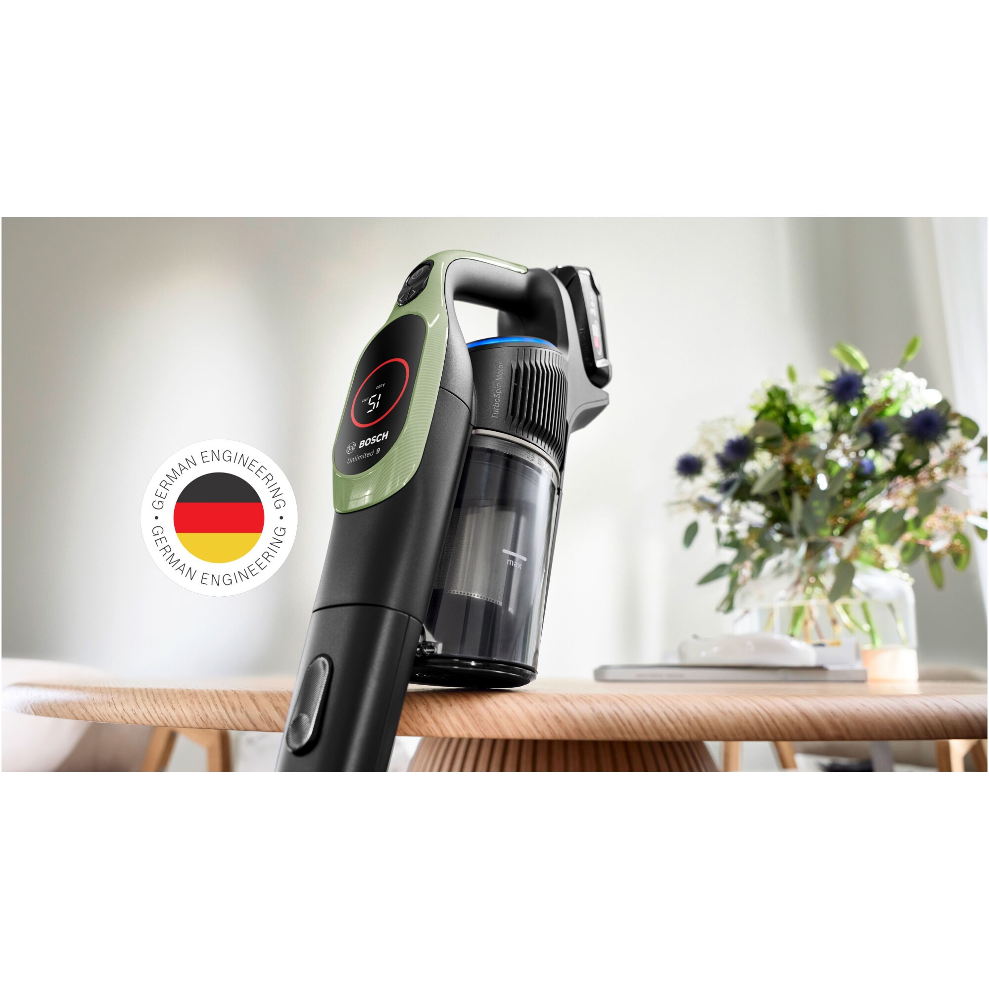 Aspirator cu acumulatori Bosch Unlimited 9 BBS921TBA, baterie 3 Ah, 3 moduri de curatare, Perie MicroClean cu sistem anti incurcare par, duza spatii inguste, Senzor MicroClean, Autonomie pana la 60 min. Verde