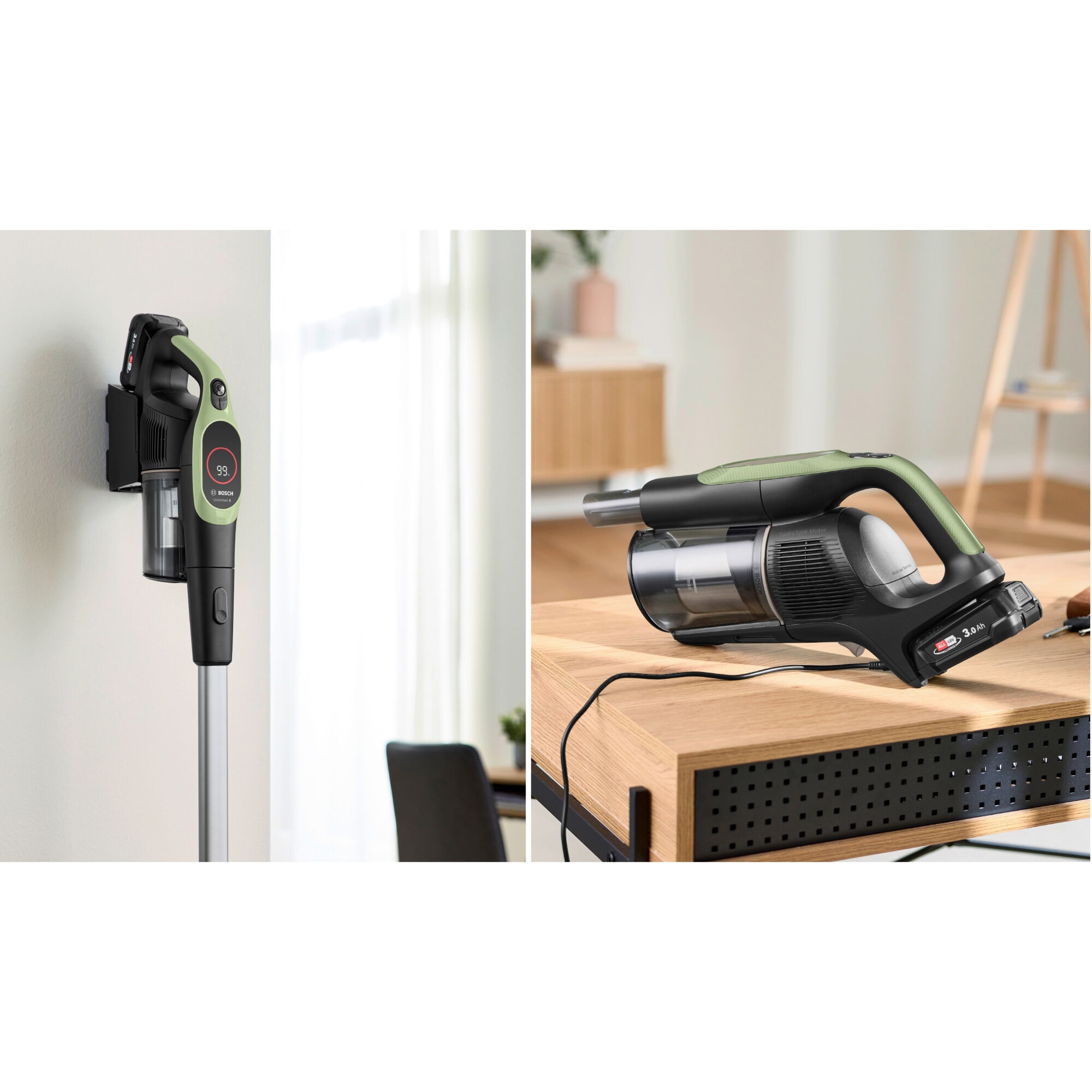 Aspirator cu acumulatori Bosch Unlimited 9 BBS921TBA, baterie 3 Ah, 3 moduri de curatare, Perie MicroClean cu sistem anti incurcare par, duza spatii inguste, Senzor MicroClean, Autonomie pana la 60 min. Verde