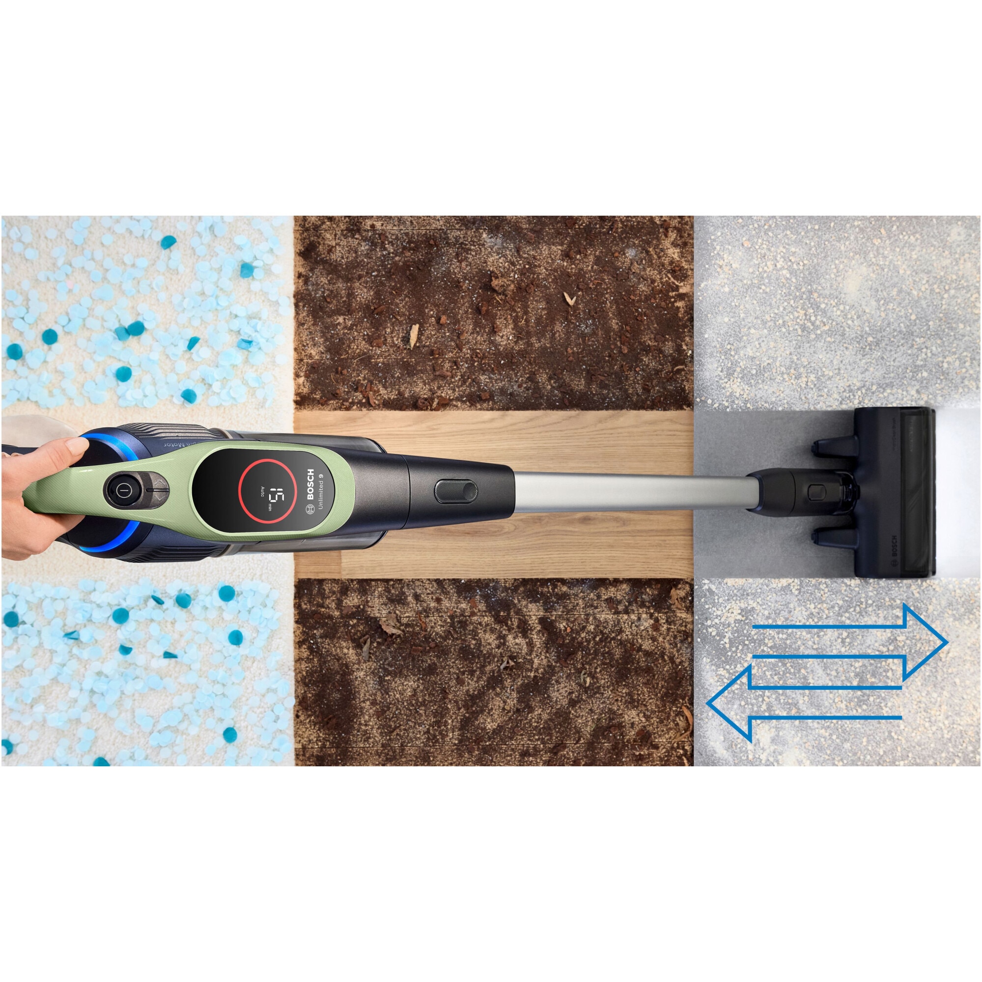 Aspirator cu acumulatori Bosch Unlimited 9 BBS921TBA, baterie 3 Ah, 3 moduri de curatare, Perie MicroClean cu sistem anti incurcare par, duza spatii inguste, Senzor MicroClean, Autonomie pana la 60 min. Verde