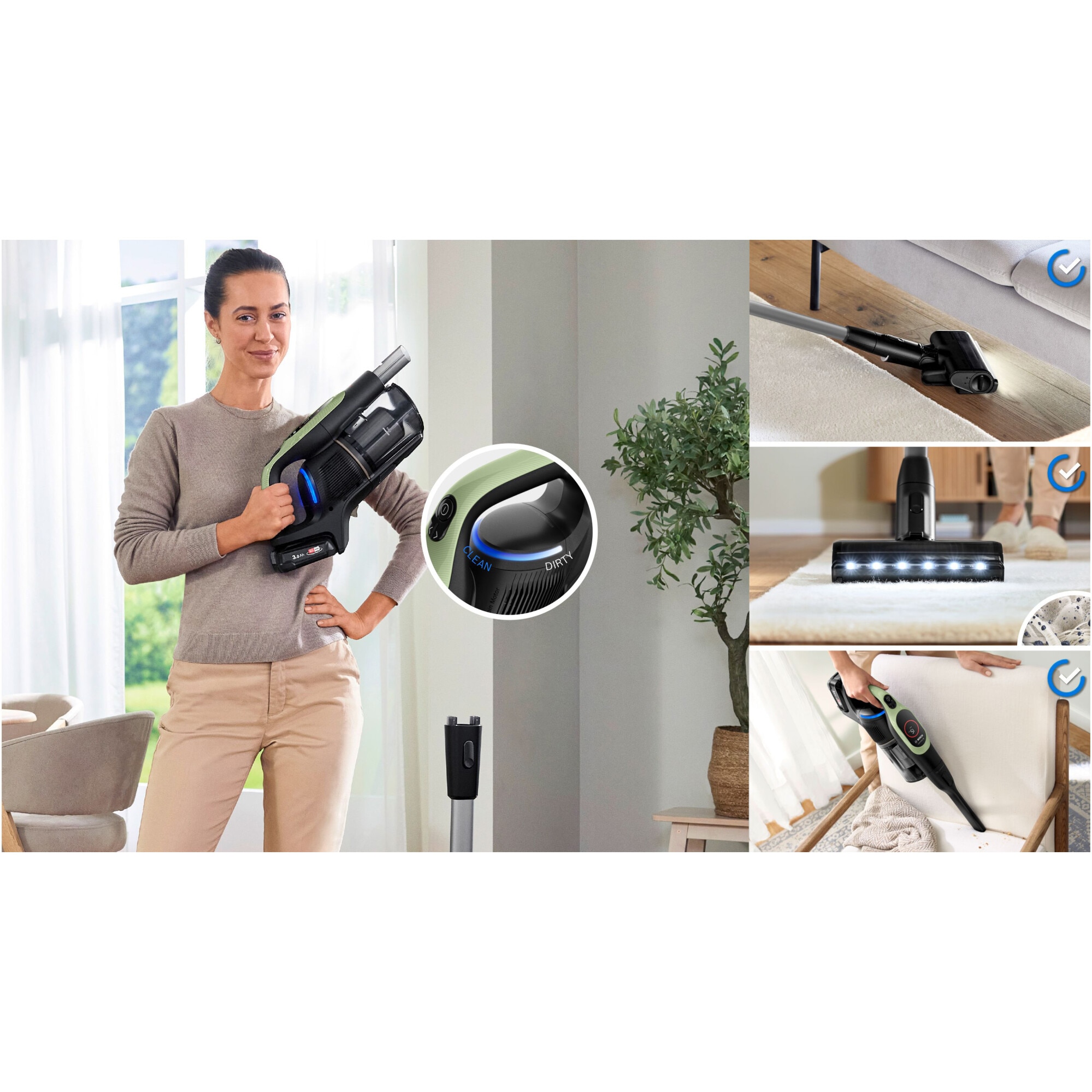 Aspirator cu acumulatori Bosch Unlimited 9 BBS921TBA, baterie 3 Ah, 3 moduri de curatare, Perie MicroClean cu sistem anti incurcare par, duza spatii inguste, Senzor MicroClean, Autonomie pana la 60 min. Verde