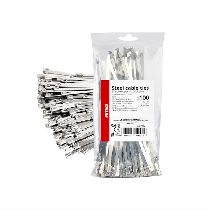 Set 100 coliere metalice, 4.6x200mm, inox, Self Lock Zip Ball, 04321 Amio