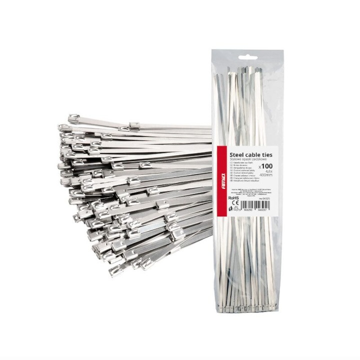 Set 100 coliere metalice, 4.6x400mm, inox, Self Lock Zip Ball, 04325 Amio