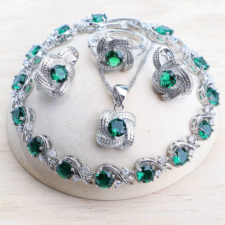Set bijuterii placate cu argint 925, cu cristale de zirconiu verde-smarald