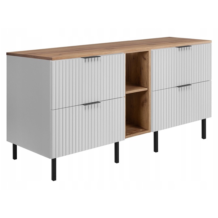 Комплект мебели за баня, RODAN, Flow, Свободностоящ, Soft close, Шкаф - 46x120(60x2)x57cm, Етажерка - 46x20x57cm, Плот - 46.5x140.6x1.6cm, Крака - 15cm, Бял/Златен крафт дъб