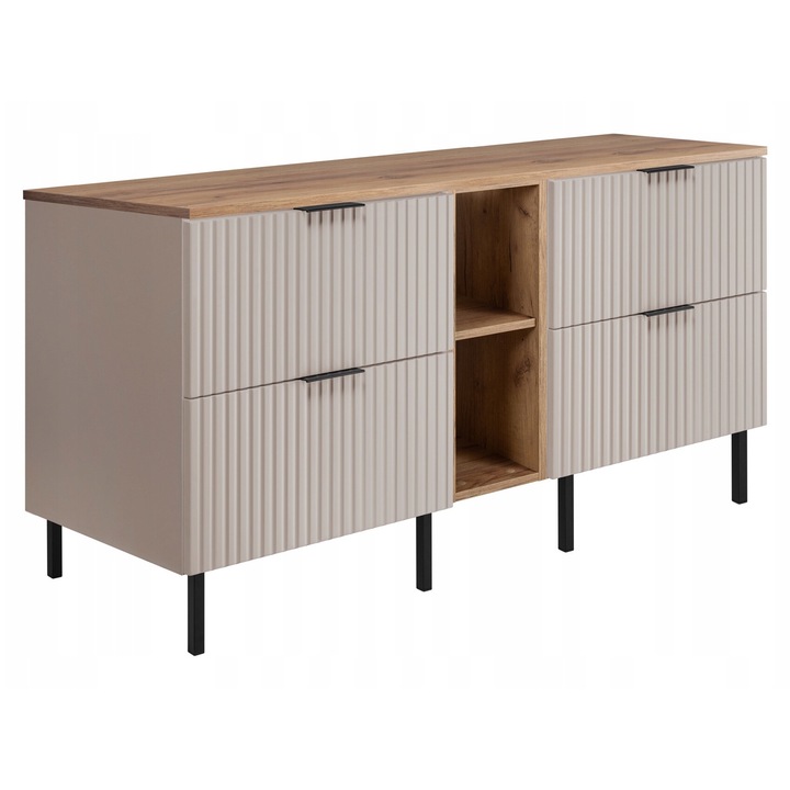 Set Mobilier Baie, Rodan, Flow, De Sine Statator, Soft Close, Dulap - 46x120(60x2)x57cm, Raft - 46x20x57cm, Blat - 46.5x140.6x1.6cm, Picioare - 15cm, Stejar Craft Auriu/Bej