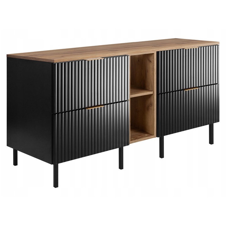 Fürdőszobabútor szett, RODAN, Flow, szabadon álló, Soft close, Szekrény - 46x120(60x2)x57cm, Könyvespolc - 46x20x57cm, Munkalap - 46,5x140,6x1,6 cm, Lábak - 15 cm, craft fekete/arany