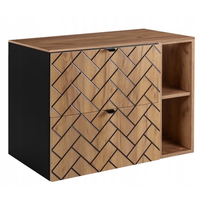 Dulap De Baie Cu Raft Si Blat, Rodan, Trend 60, Dupal - 60x60.7x46 cm, Blat - 60.6x1.6x46 cm, Raft - 20x60.7x44.2 cm, Material Panza MDF, Margini ABS, Sub Chiuveta, Suspendat, Doua Sertare Soft Close, Fronturi Jodea Engleza, Negru/Stejar Craft Aur