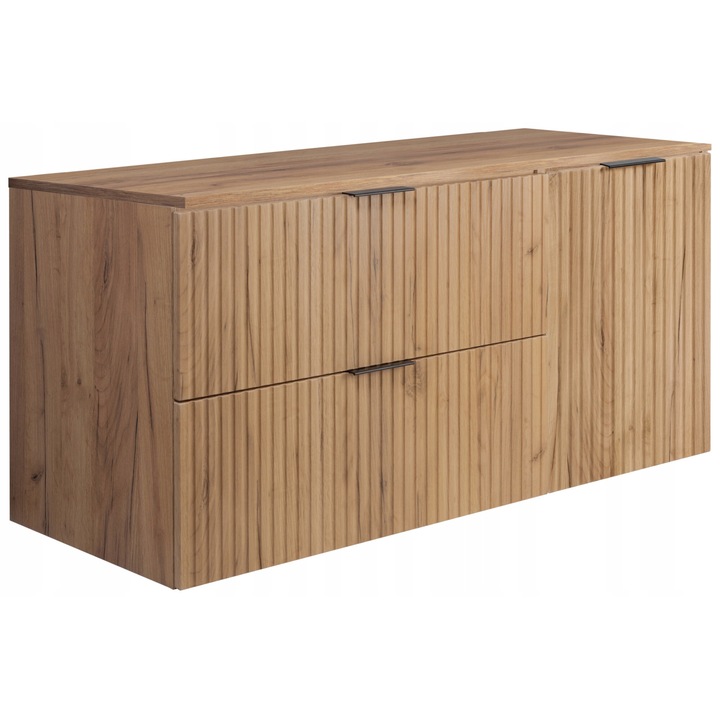 Dulap de baie RODAN, FLOW 80 2S, MDF, De sine statator, Soft close/Spatiu depozitare/Rezistent la umezeala, Dulap - 46 cm x 57 cm x 80 cm, Blat - 46.5 cm x 120.6 cm x 1.6 cm, Stejar auriu, Mat