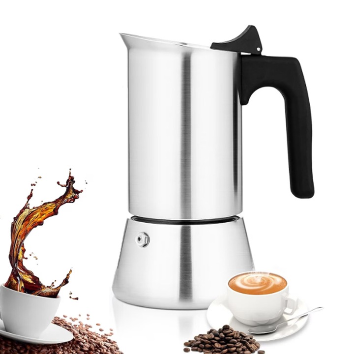 Еспресо машина Moka, 4 чаши, подходяща за газови, електрически, стъклокерамични, индукционни котлони, неръждаема стомана, сребро