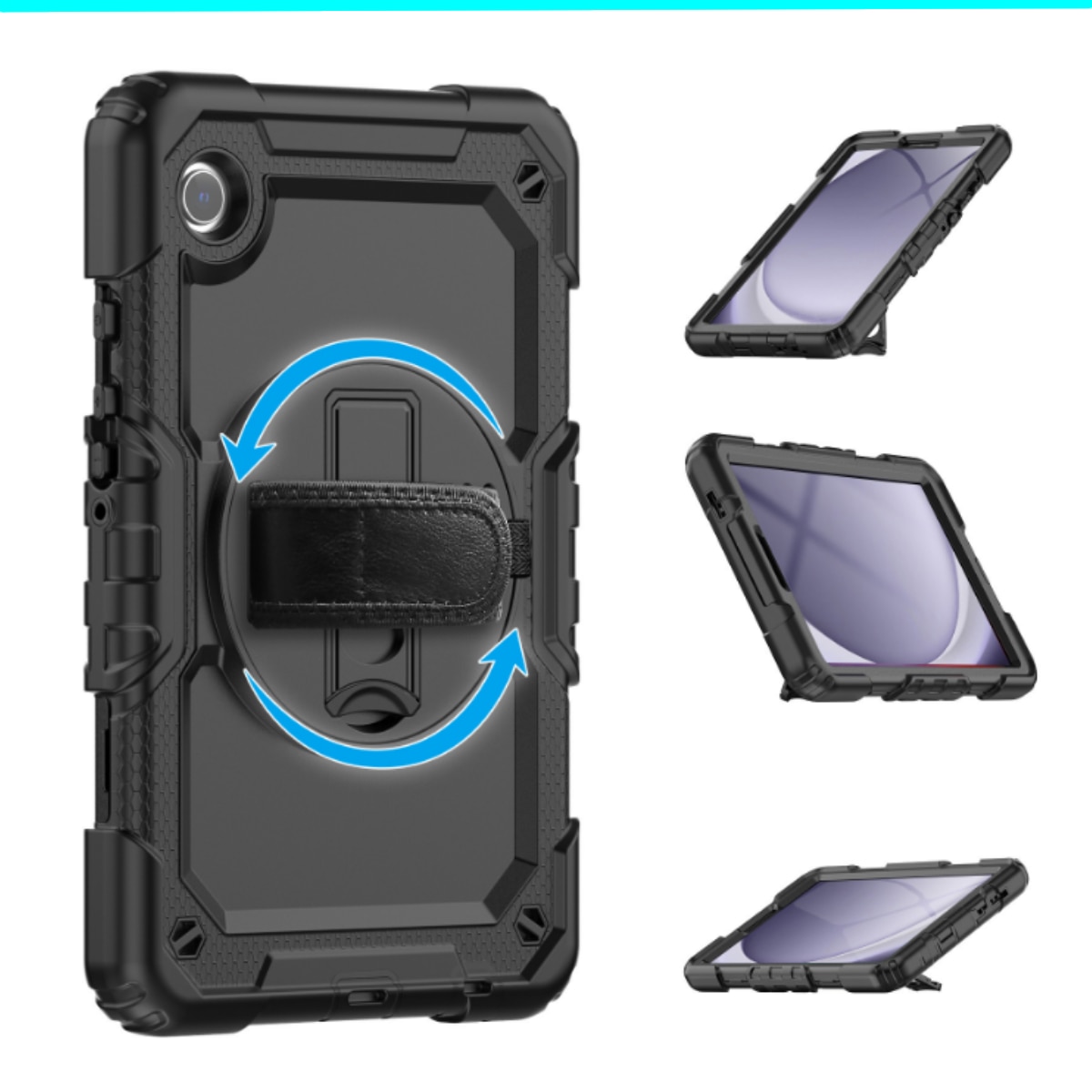 Husa Antisoc Cu Curea De Mana Pentru Samsung Galaxy Tab A9 2023 De 8.7 inchi Pentru SM-X110/X115/X117, Husa protectie tableta, Stilou Tactil Optic Universal (Nereincarcabil), Rotire La 360°, Rezistent la socuri, anti-uzura, anti-cadere, 8.7 inch, Negru