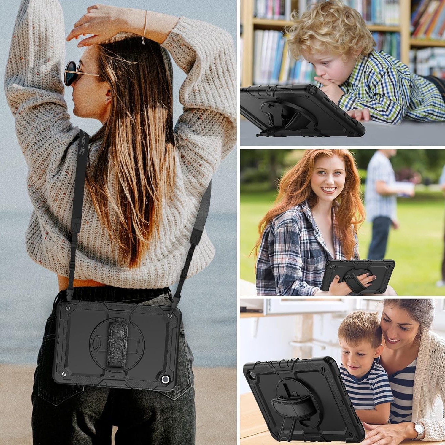 Husa Antisoc Cu Curea De Mana Pentru Samsung Galaxy Tab A9 2023 De 8.7 inchi Pentru SM-X110/X115/X117, Husa protectie tableta, Stilou Tactil Optic Universal (Nereincarcabil), Rotire La 360°, Rezistent la socuri, anti-uzura, anti-cadere, 8.7 inch, Negru