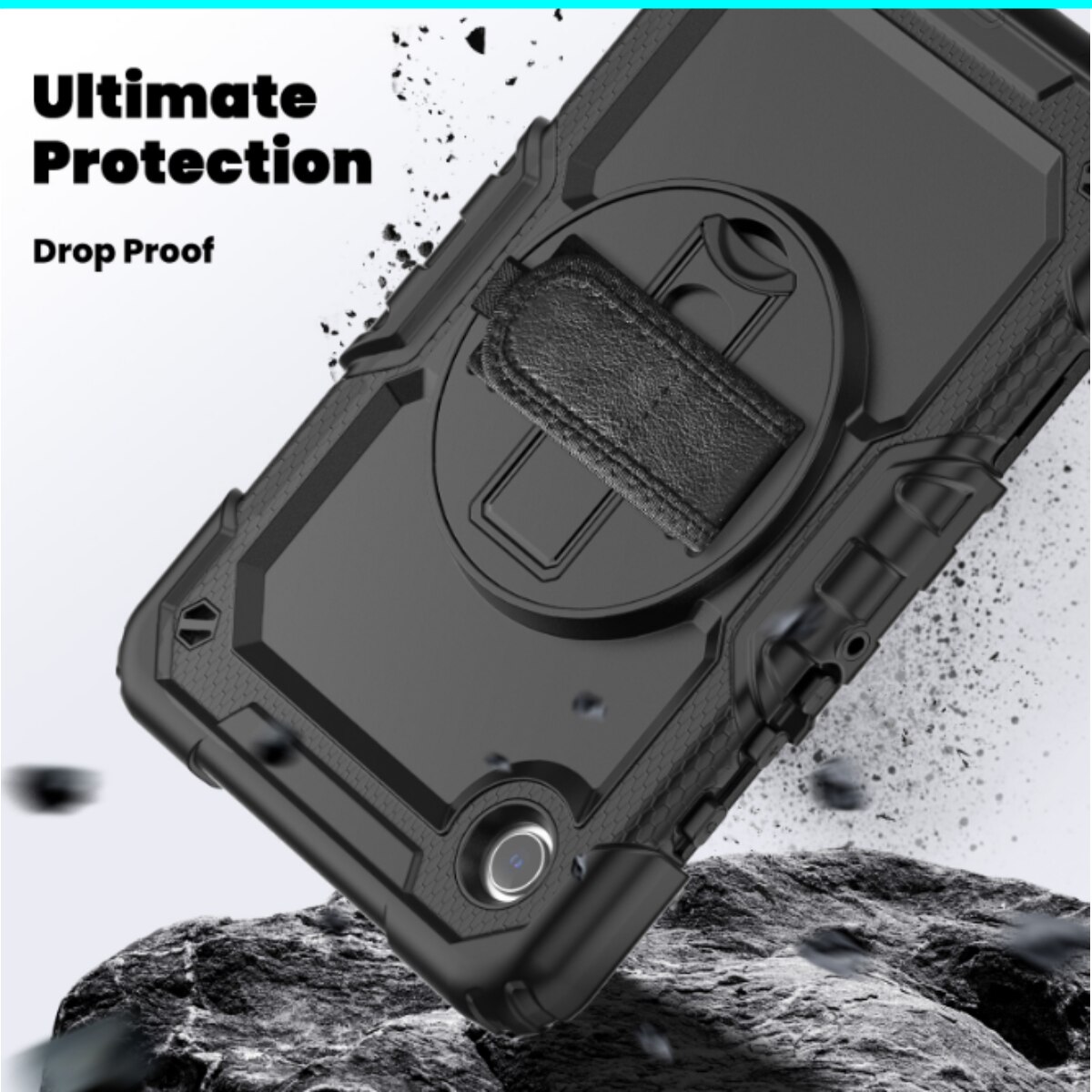 Husa Antisoc Cu Curea De Mana Pentru Samsung Galaxy Tab A9 2023 De 8.7 inchi Pentru SM-X110/X115/X117, Husa protectie tableta, Stilou Tactil Optic Universal (Nereincarcabil), Rotire La 360°, Rezistent la socuri, anti-uzura, anti-cadere, 8.7 inch, Negru