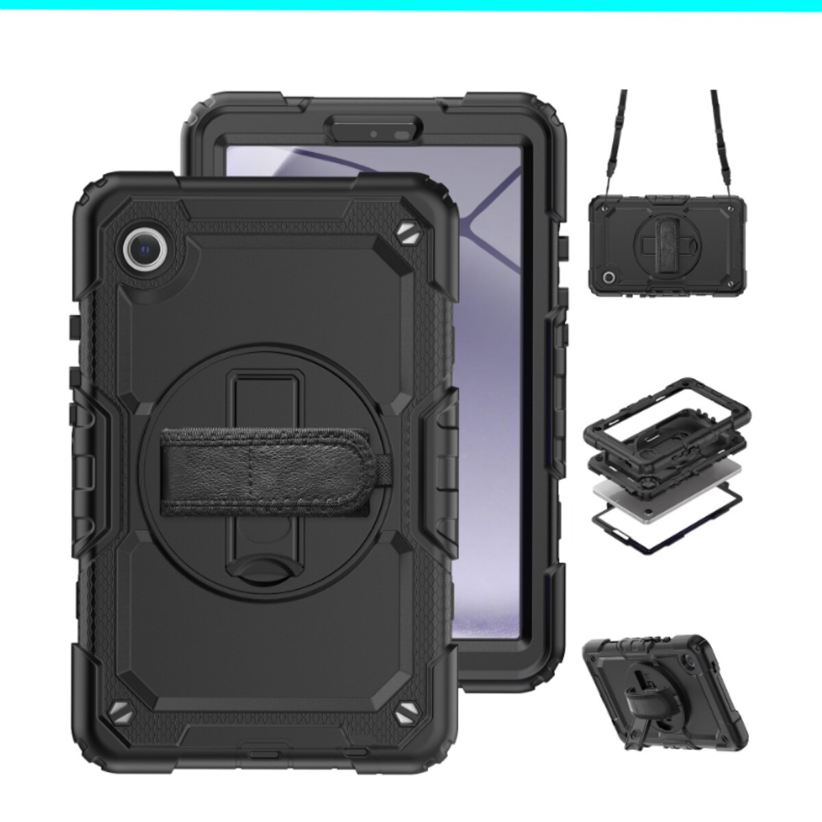 Husa Antisoc Cu Curea De Mana Pentru Samsung Galaxy Tab A9 2023 De 8.7 inchi Pentru SM-X110/X115/X117, Husa protectie tableta, Stilou Tactil Optic Universal (Nereincarcabil), Rotire La 360°, Rezistent la socuri, anti-uzura, anti-cadere, 8.7 inch, Negru