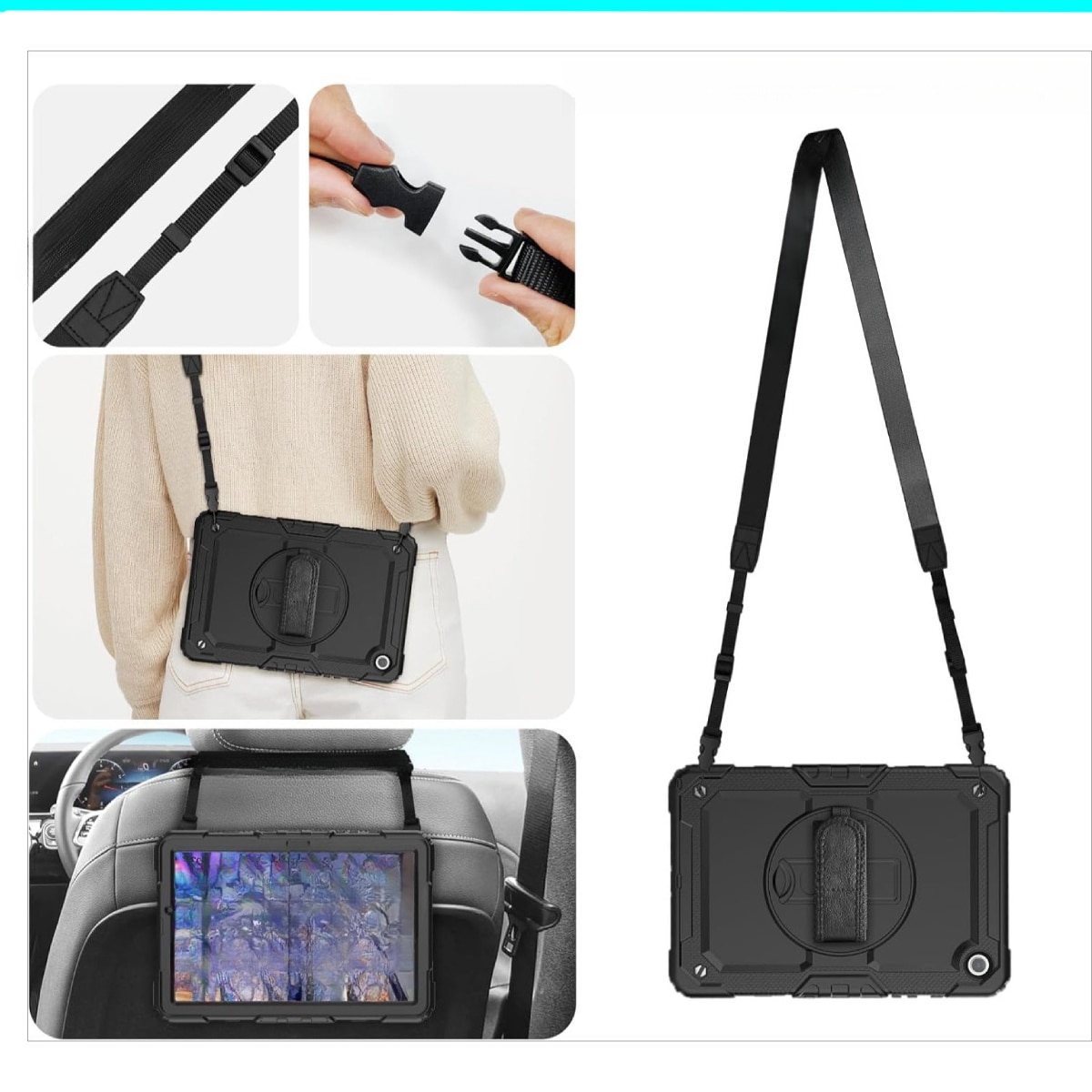 Husa Antisoc Cu Curea De Mana Pentru Samsung Galaxy Tab A9 2023 De 8.7 inchi Pentru SM-X110/X115/X117, Husa protectie tableta, Stilou Tactil Optic Universal (Nereincarcabil), Rotire La 360°, Rezistent la socuri, anti-uzura, anti-cadere, 8.7 inch, Negru