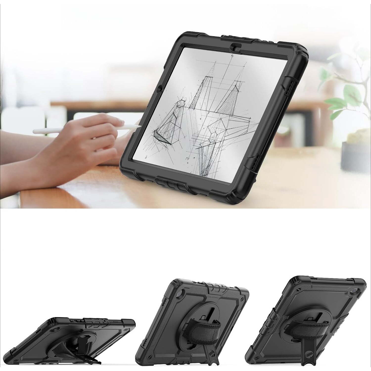 Husa Antisoc Cu Curea De Mana Pentru Samsung Galaxy Tab A9 2023 De 8.7 inchi Pentru SM-X110/X115/X117, Husa protectie tableta, Stilou Tactil Optic Universal (Nereincarcabil), Rotire La 360°, Rezistent la socuri, anti-uzura, anti-cadere, 8.7 inch, Negru