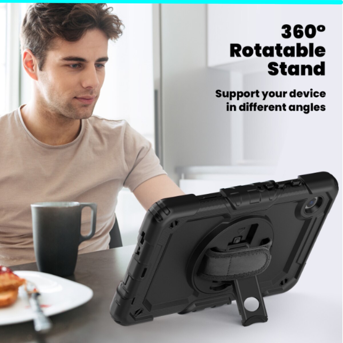 Husa Antisoc Cu Curea De Mana Pentru Samsung Galaxy Tab A9 2023 De 8.7 inchi Pentru SM-X110/X115/X117, Husa protectie tableta, Stilou Tactil Optic Universal (Nereincarcabil), Rotire La 360°, Rezistent la socuri, anti-uzura, anti-cadere, 8.7 inch, Negru