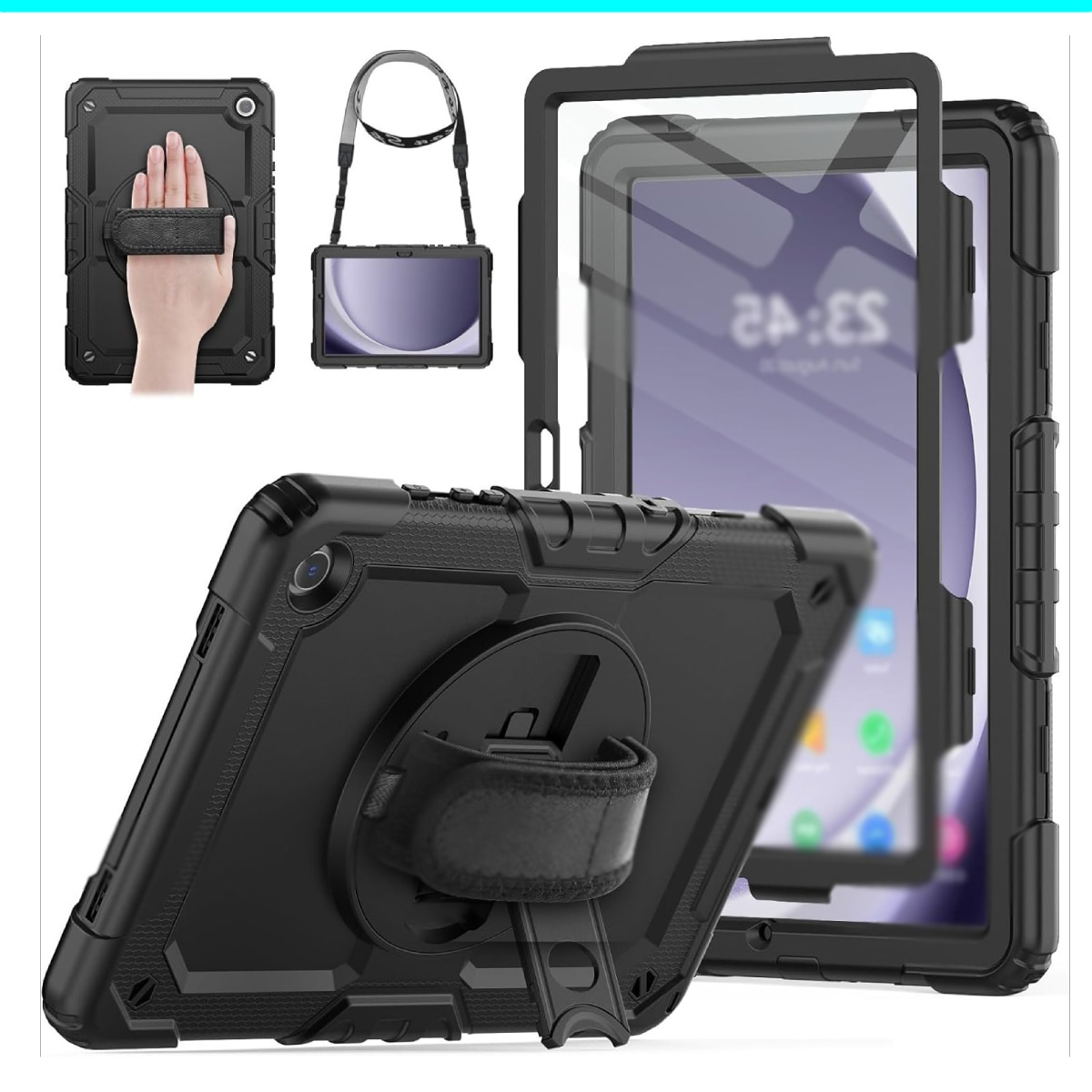 Husa Antisoc Cu Curea De Mana Pentru Samsung Galaxy Tab A9 2023 De 8.7 inchi Pentru SM-X110/X115/X117, Husa protectie tableta, Stilou Tactil Optic Universal (Nereincarcabil), Rotire La 360°, Rezistent la socuri, anti-uzura, anti-cadere, 8.7 inch, Negru