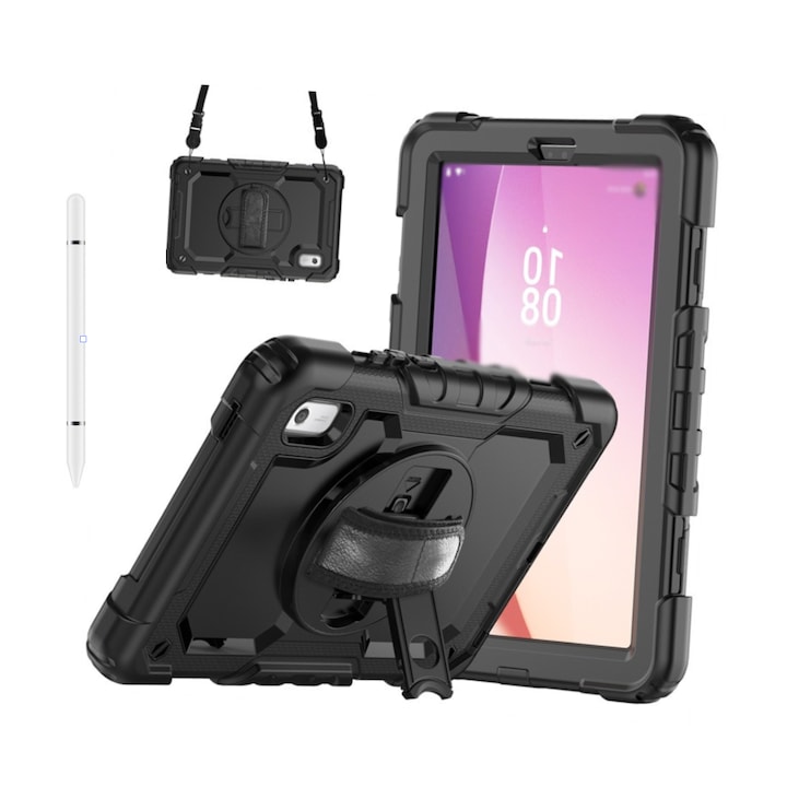 Husa Antisoc Cu Curea De Mana Pentru Samsung Galaxy Tab A9 2023 De 8.7 inchi Pentru SM-X110/X115/X117, Husa protectie tableta, Stilou Tactil Optic Universal (Nereincarcabil), Rotire La 360°, Rezistent la socuri, anti-uzura, anti-cadere, 8.7 inch, Negru