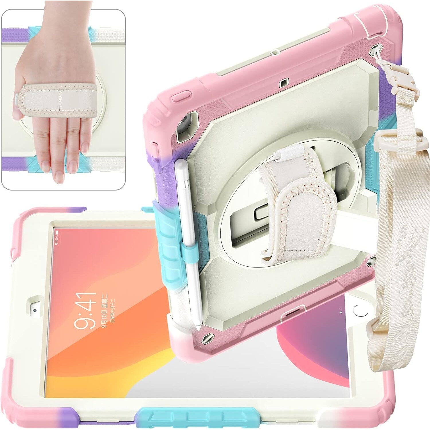 Husa Pentru iPad 9/8/7 Generatie De 10, 2 inchi, Cu Stilou Optic Universal (Nereincarcabil), Protectie Puternica, Protector De Ecran, Curea De Mana/de Umar, Suport Rotativ, Roz, rezistent la socuri, rezistent la abraziune, rezistent la cadere