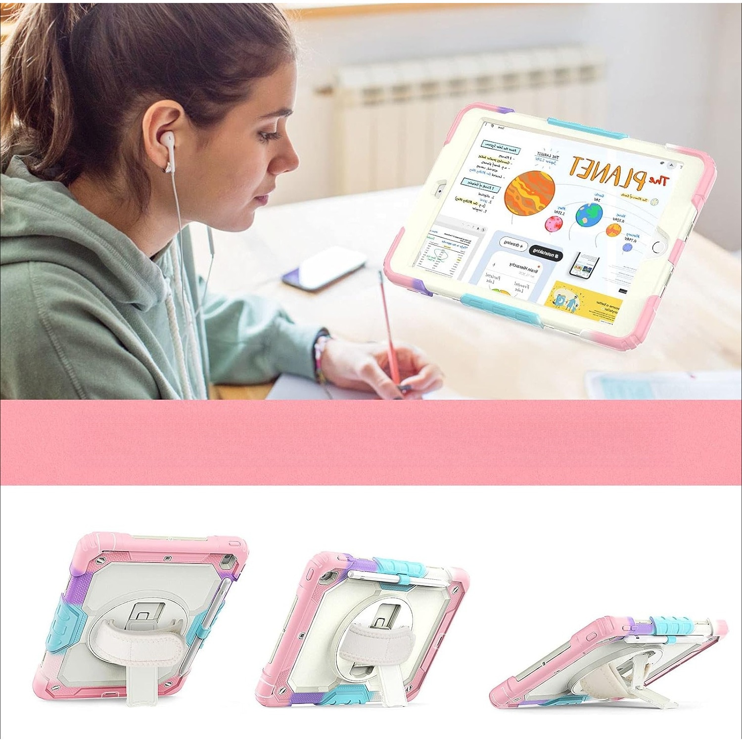 Husa Pentru iPad 9/8/7 Generatie De 10, 2 inchi, Cu Stilou Optic Universal (Nereincarcabil), Protectie Puternica, Protector De Ecran, Curea De Mana/de Umar, Suport Rotativ, Roz, rezistent la socuri, rezistent la abraziune, rezistent la cadere