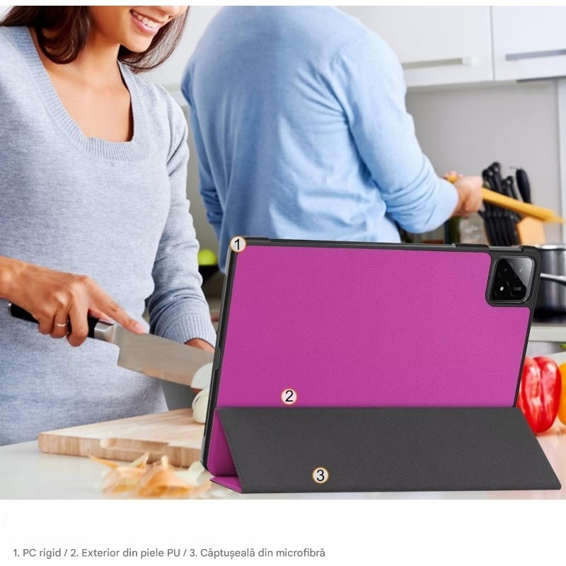 Husa pentru tableta Xiaomi Pad 6S Pro, Policarbonat, Triple suport, taiere precisa, functia de trezire de somn, usor si durabil, anti-cutremur, Violet, 28.5x19.8×1.7cm