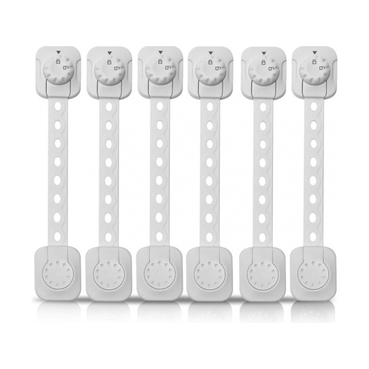 Siguranta usi copii, eBA®, blocator sertare, usa cuptor, frigider, congelator, dulap, deschidere accidentala, ajustabile pe lungime, adeziv puternic 3M, fara urme dupa indepartare, cu sistem de inchidere dublu, set 6 bucati, alb
