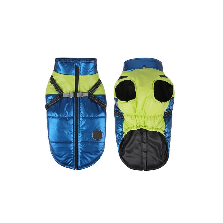 Haina de Iarna pentru Caini de talie mica cu Ham, Calduroasa, Impermeabila si Rezistenta la Vant, Reflectorizanta, cu Fermoar si Inel D, TONYFY, Albastru/verde, 2XL