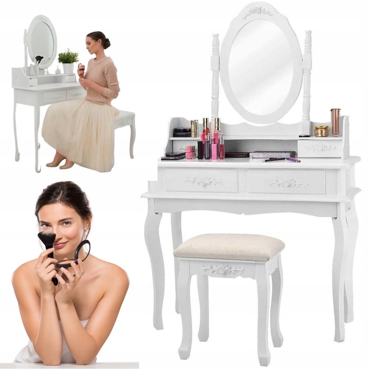 Toaleta cosmetica alba cu oglinda si taburet, design romantic, 4 sertare, dimensiuni 146x75x40cm, 45x37x28cm