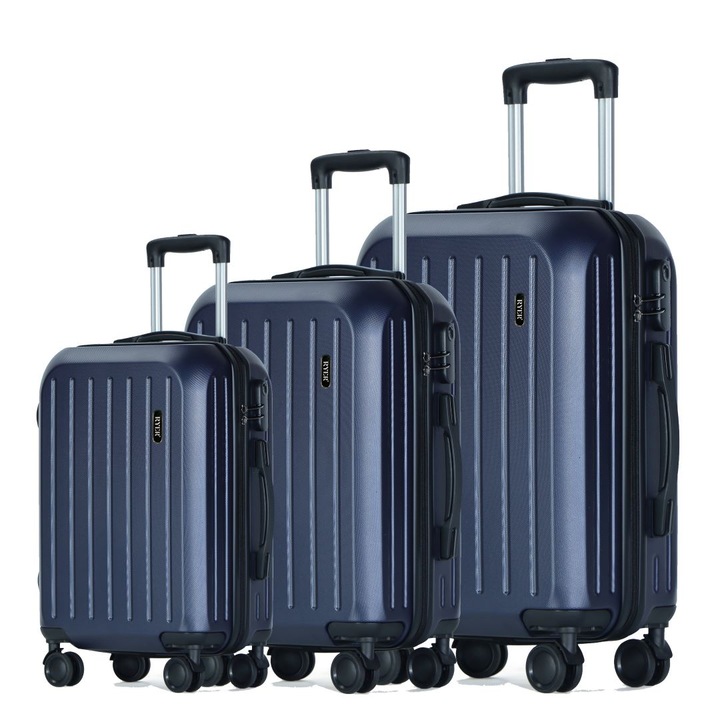 Комплект от 3 куфара RYER, 36L, 70L и 100L, кодова ключалка, 4 колела с въртене на 360°, много здрави ципове, удароустойчив корпус, тихи колела, водоустойчив, телескопична дръжка, тъмносин