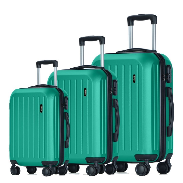 Комплект от 3 куфара RYER, 36L, 70L и 100L, Комбинирана ключалка, 4 колела с въртене на 360°, Много здрави ципове, Удароустойчив корпус, Безшумни колела, Водоустойчив, Телескопична дръжка, Emerald Green