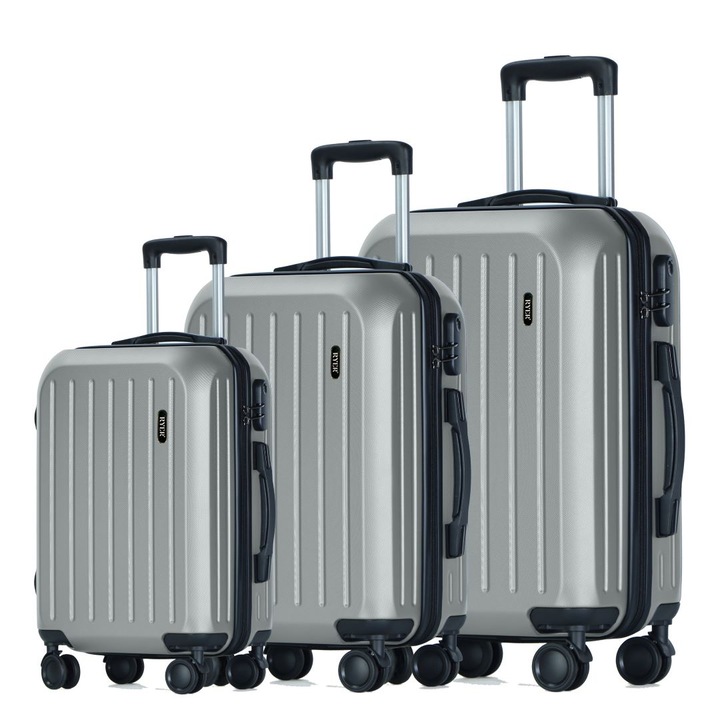 Комплект от 3 куфара RYER, 36L, 70L и 100L, кодова ключалка, 4 колела с въртене на 360°, много здрави ципове, удароустойчив корпус, безшумни колела, водоустойчив, телескопична дръжка, светлосиво