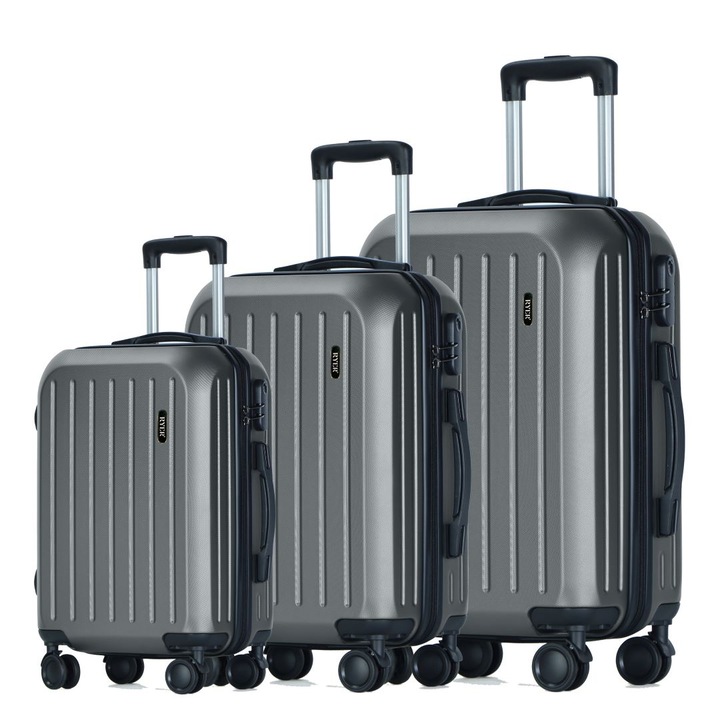 Комплект от 3 колички RYER, 36L, 70L и 100L, кодова ключалка, 4 колела с въртене на 360°, много здрави ципове, удароустойчив корпус, безшумни колела, водоустойчив, телескопична дръжка, тъмно сив