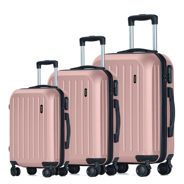 Комплект от 3 куфара RYER, 36L, 70L и 100L, кодова ключалка, 4 колела с въртене на 360°, много здрави ципове, удароустойчив корпус, безшумни колела, водоустойчив, телескопична дръжка, отворено розово злато