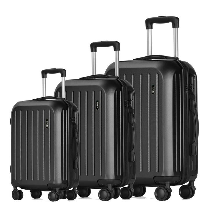 Комплект от 3 куфара RYER, 36L, 70L и 100L, Кодова ключалка, 4 колела с въртене на 360°, Много здрави ципове, Удароустойчив корпус, Безшумни колела, Водоустойчив, Телескопична дръжка, Черен
