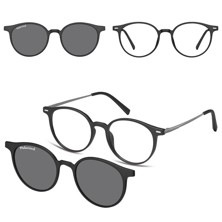 Ochelari unisex cu optiune de corectie, Sunoptic, cu clip-on polarizant, negru, 13.4x4.5cm