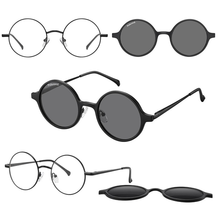 Ochelari de prescriptie rotunzi cu capac de soare polarizat CLIP-MC100C-1 negru