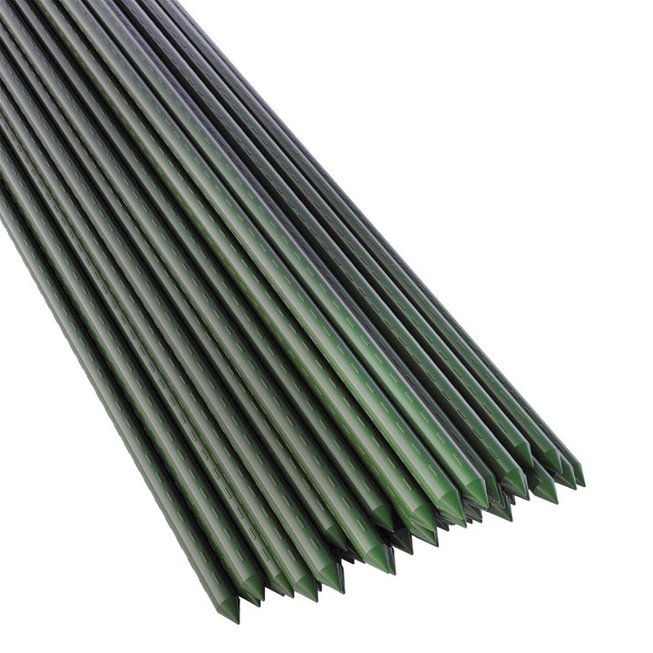 Комплект 20 кашпи/подпори за домати, краставици, боб, метал + PVC, зелени, 120x1,1 см