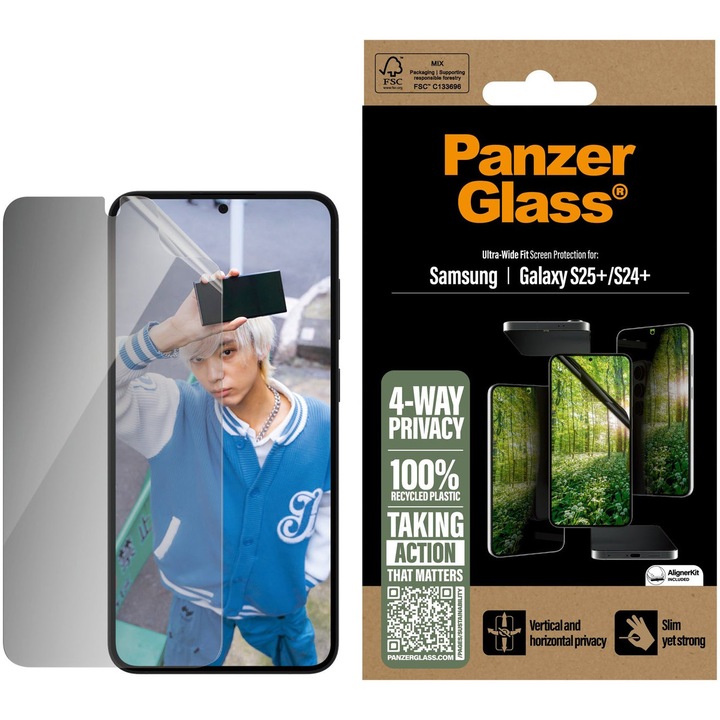 Adatvédelmi üveg PanzerGlass Matrix Ultra-Wide-Fit Easy Aligner kompatibilis Samsung Galaxy S25 Plus / S24 Plus, átlátszó