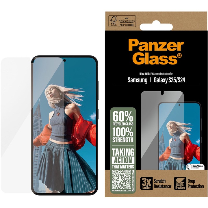 Folie de protectie sticla PanzerGlass UWF cu aplicator pentru Samsung Galaxy S25, Transparent