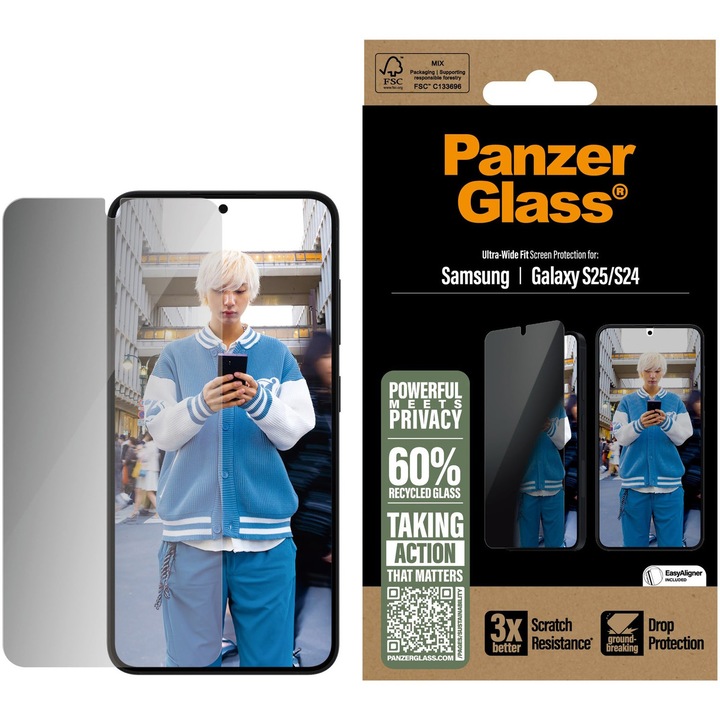 Folie de protectie sticla PanzerGlass Privacy UWF cu aplicator pentru Samsung Galaxy S25