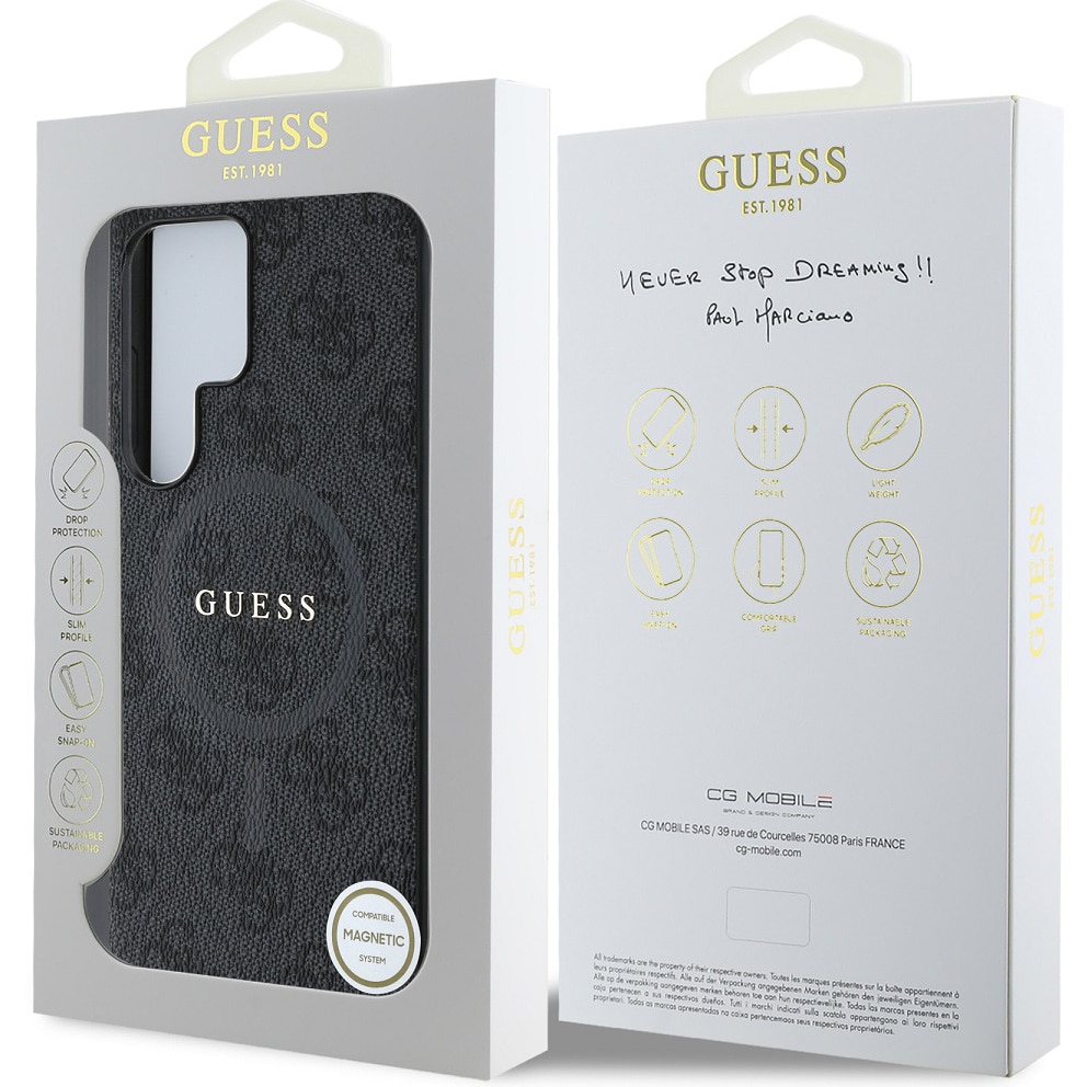 Husa de protectie Guess 4G PU MagSafe Ring Classic Logo pentru Samsung Galaxy S25 Ultra, Negru
