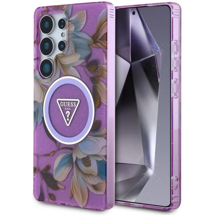 Husa de protectie Guess MagSafe IML Glitter Flowers Triangle pentru Samsung Galaxy S25 Ultra, Mov