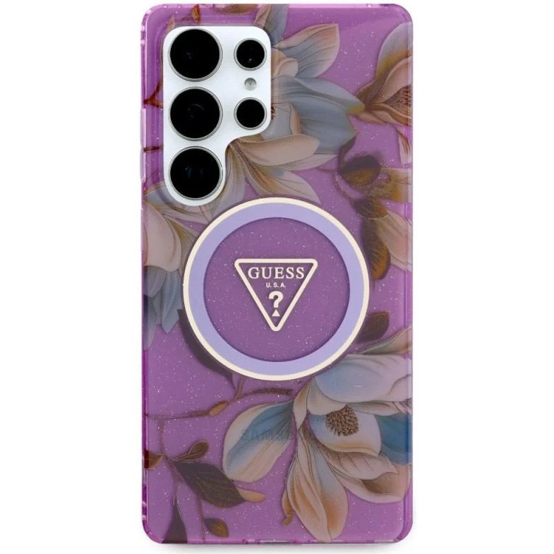Husa de protectie Guess MagSafe IML Glitter Flowers Triangle pentru Samsung Galaxy S25 Ultra, Mov