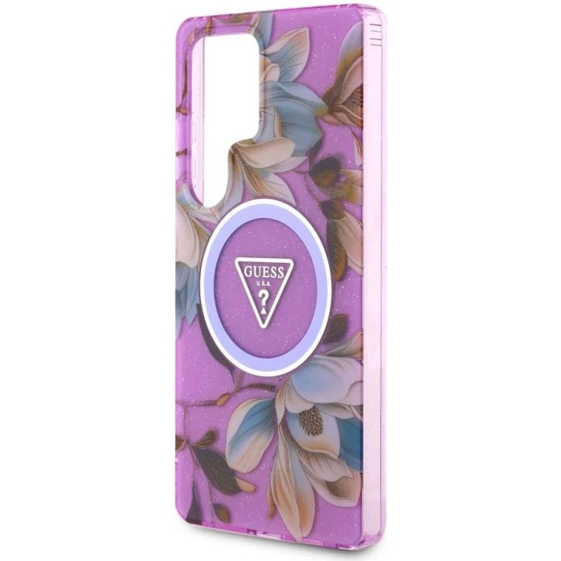 Husa de protectie Guess MagSafe IML Glitter Flowers Triangle pentru Samsung Galaxy S25 Ultra, Mov