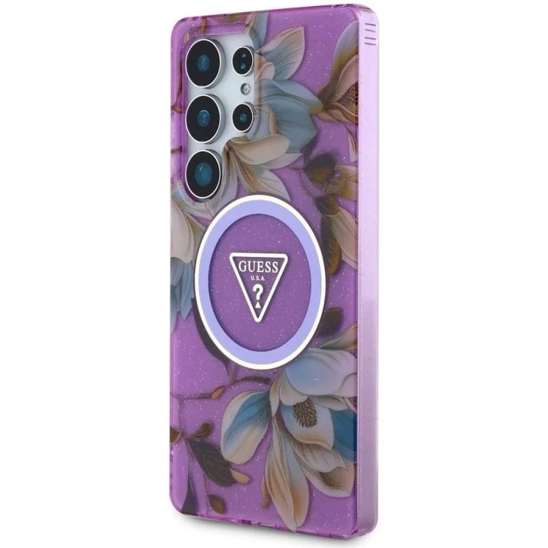 Husa de protectie Guess MagSafe IML Glitter Flowers Triangle pentru Samsung Galaxy S25 Ultra, Mov