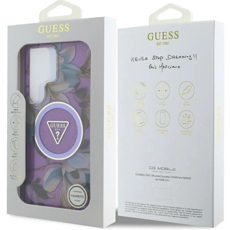 Husa de protectie Guess MagSafe IML Glitter Flowers Triangle pentru Samsung Galaxy S25 Ultra, Mov
