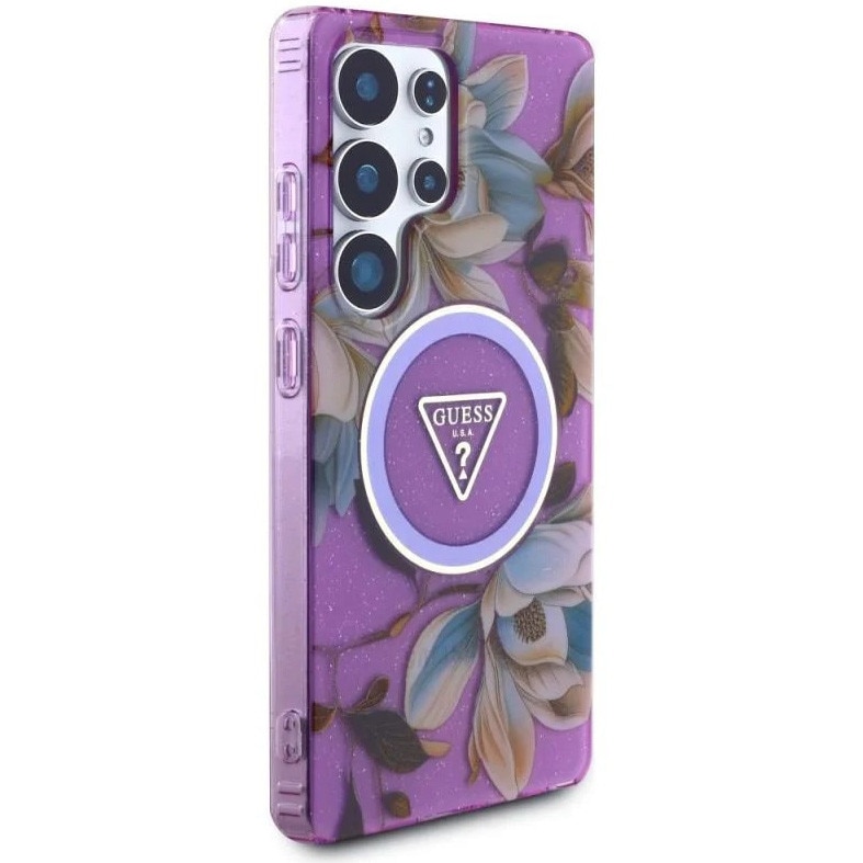 Husa de protectie Guess MagSafe IML Glitter Flowers Triangle pentru Samsung Galaxy S25 Ultra, Mov